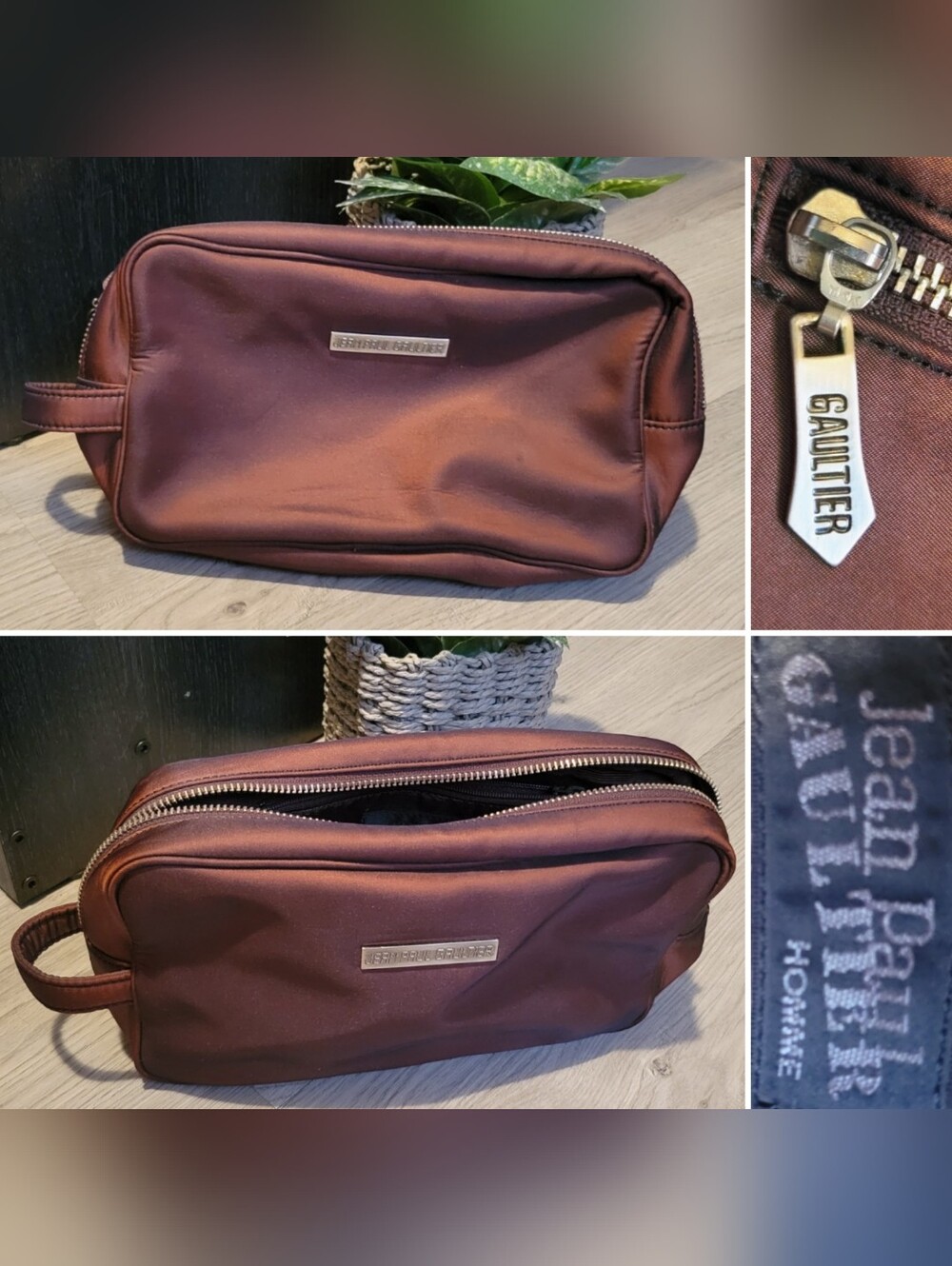 Jean Paul Gaultier Homme Glossy Burgundy Brown Zippered Toiletry Bag, 10" x 5.5"